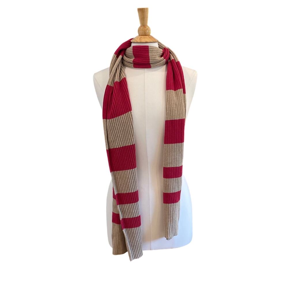 Lands' End Cotton Wool Blend Red, Tan Long Ribbed Knit Scarf, Unisex 10 x 80